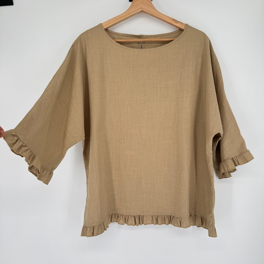 Ruffle Hem Cotton Linen Blend Blouse XXL Tan Cottagecore Boho Lagenlook Earthy